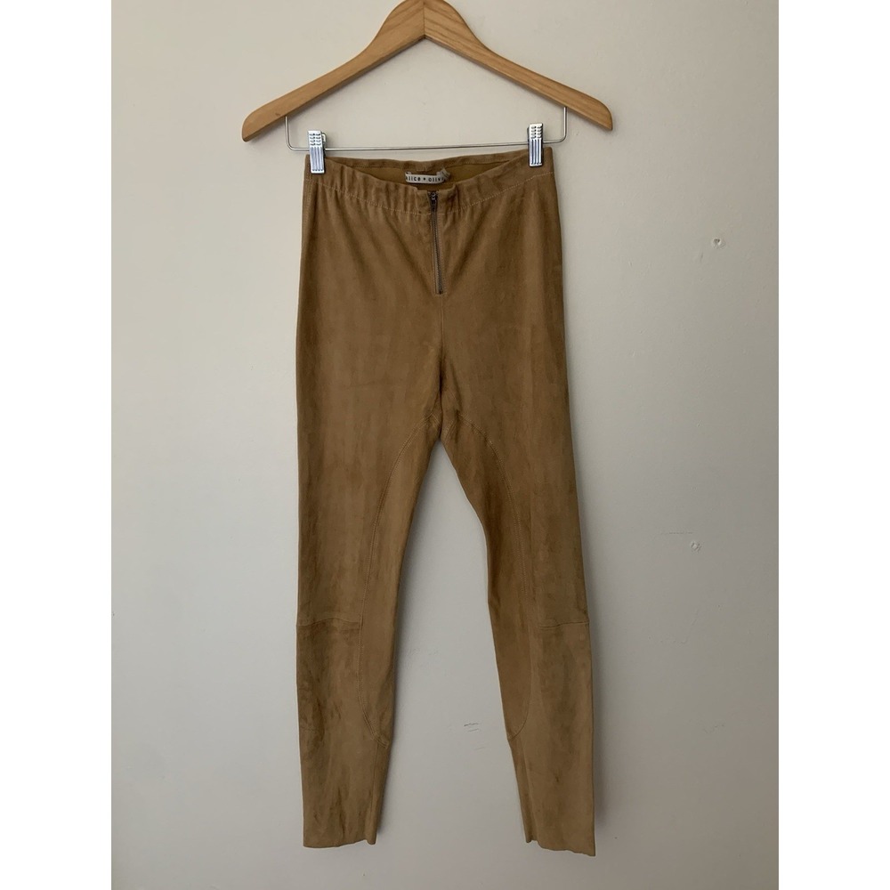 Alice + Olivia 100% Lambskin Suede Skinny Pant Tan Stretch Front Zip Sz 10